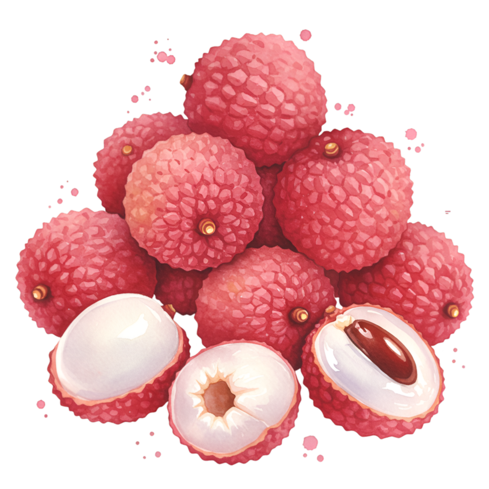 A collection of lychee fruits stacked together with some cut open showing the white flesh inside them on transparent background png