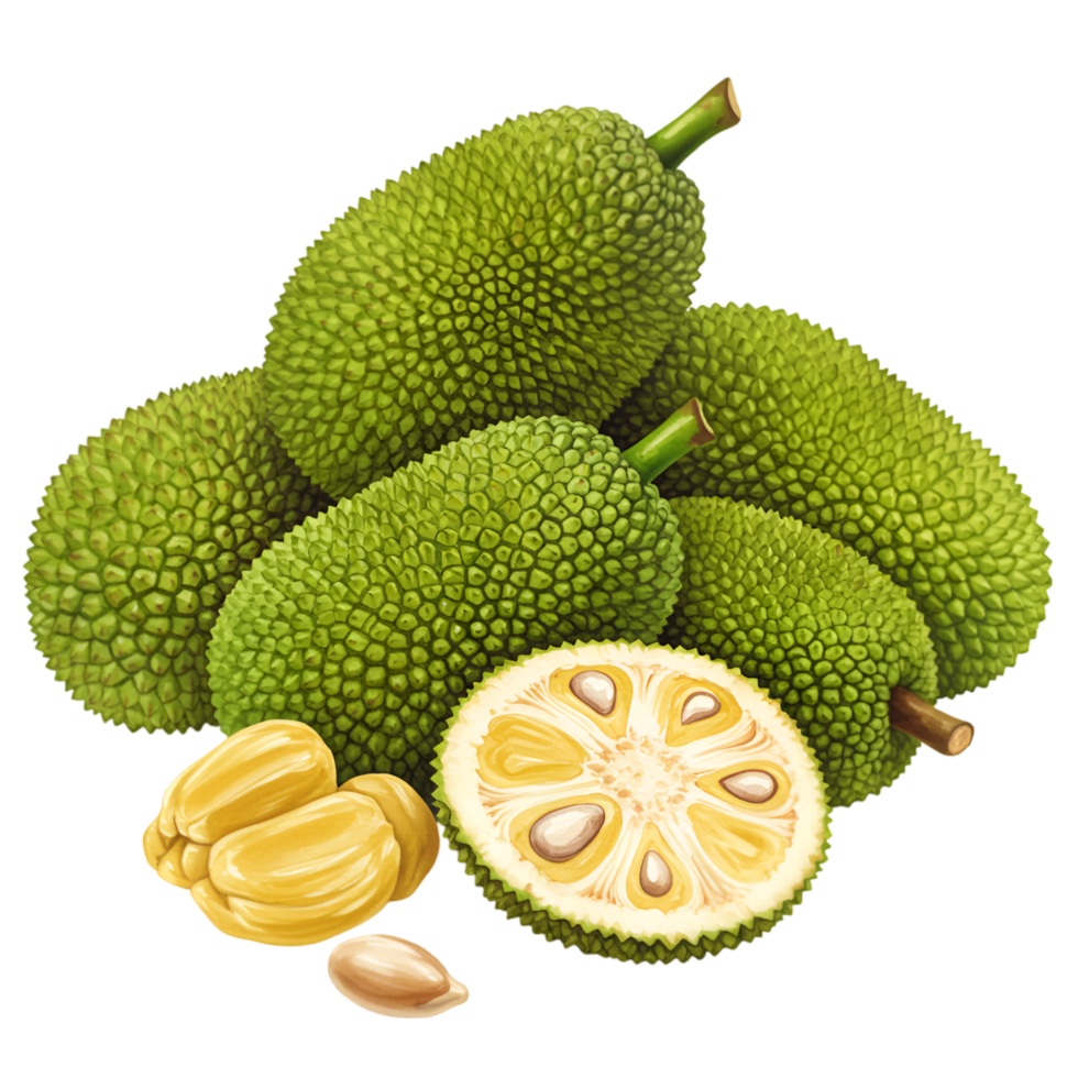 A watercolor collection of jackfruit with one sliced open showing the seeds and pulp on a plain setting area on transparent background png