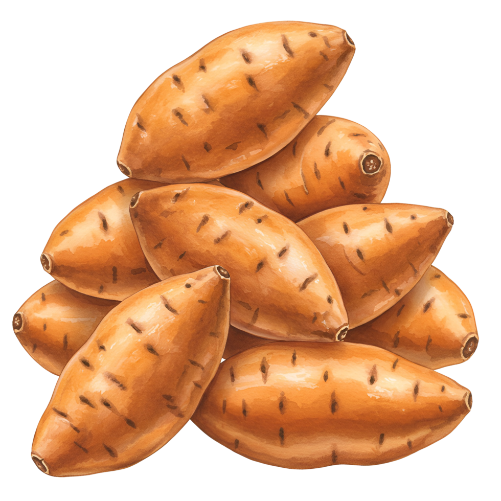 A watercolor vibrant pile of sweet potatoes stacked high against a plain backdrop in a studio setting view on transparent background png