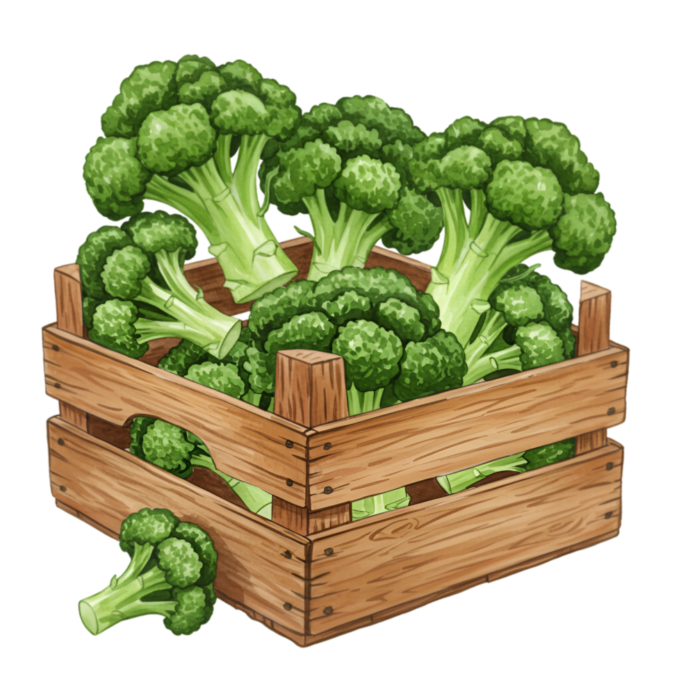 watercolor Fresh broccoli florets packed tightly inside a wooden crate with one piece lying outside crate on transparent background png