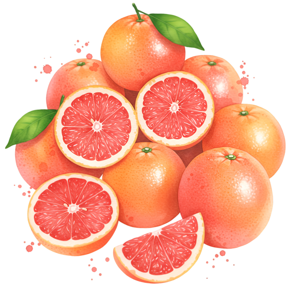 A group of whole and sliced grapefruits with green leaves arranged in a pile on a transparent area on transparent background png