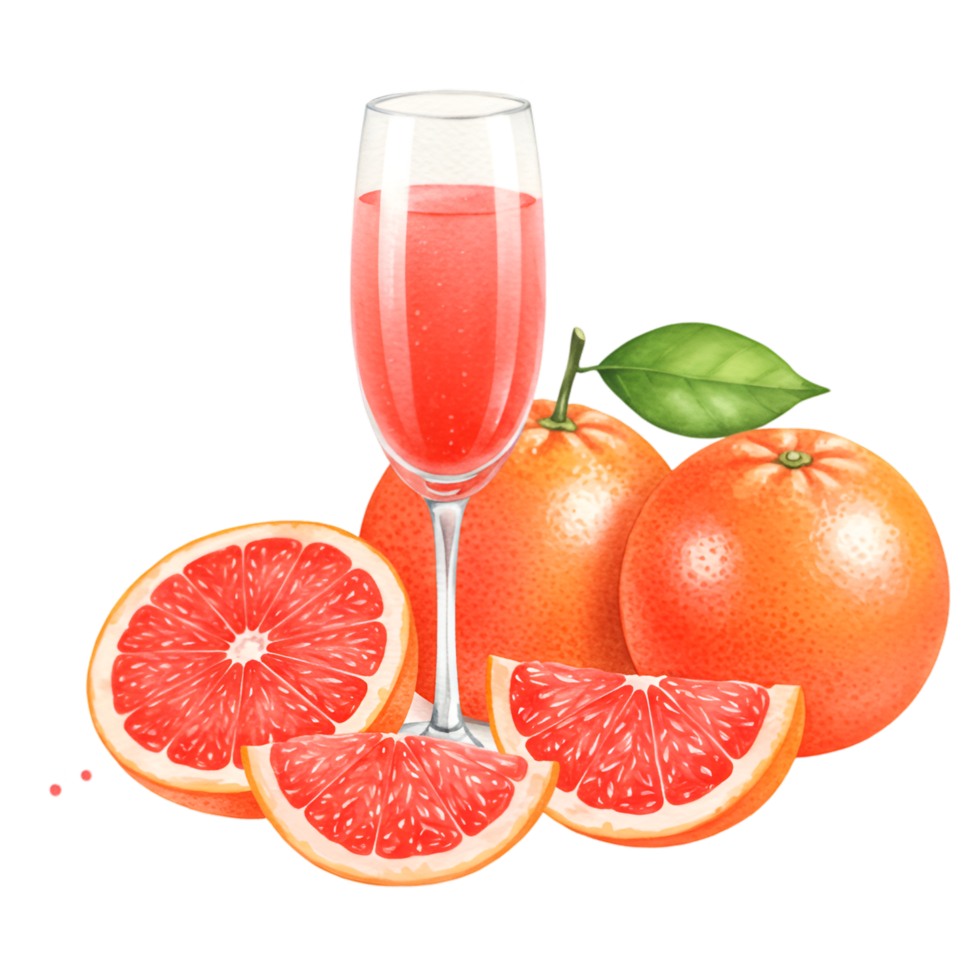 A glass of pink liquid with grapefruit slices and whole grapefruits on a plain color background on transparent background png