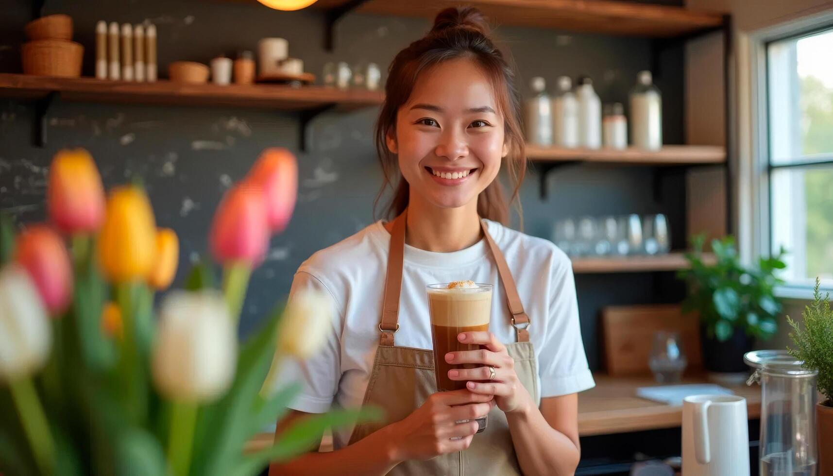 Close-up of asian barista holding a glass of frothy coffee in a warm cafe setting with tulips photo