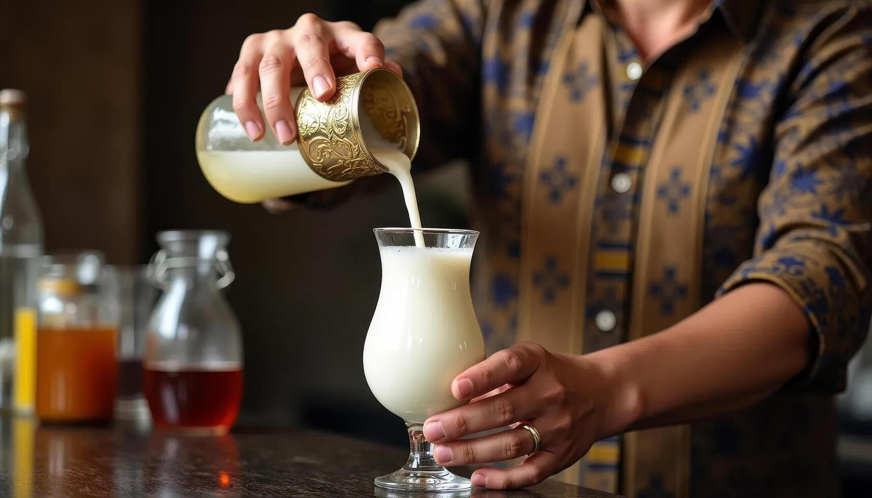 traditional Indonesian bartender pouring Tuak into glass during cultural festival. Beverage is milky white with slightly frothy texture photo