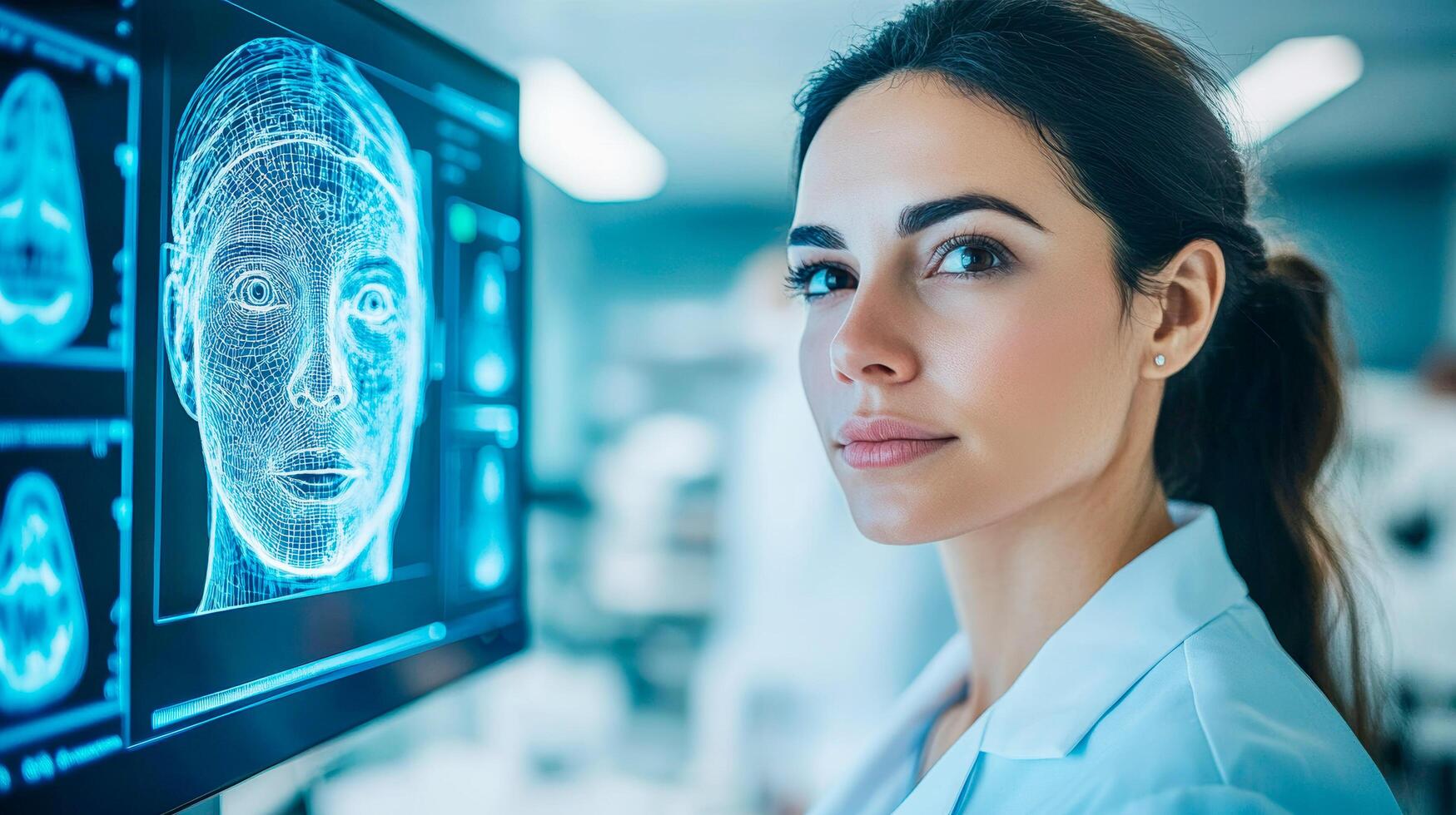 Modern aesthetic clinic, female patient sits in front of diagnostic monitor with detailed facial skin scan photo