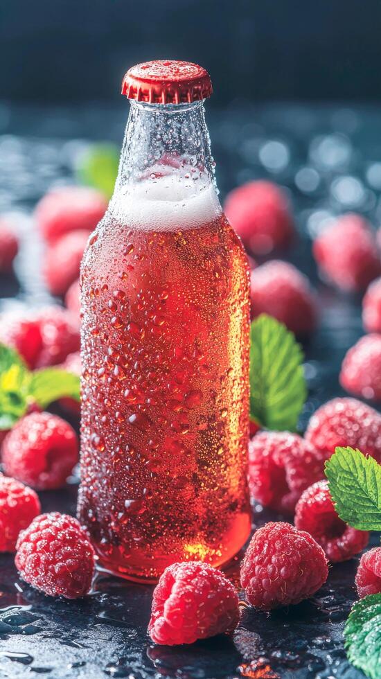 Cold raspberry beer and fresh raspberries on dark stone background. Summer beverage concept with empty space photo