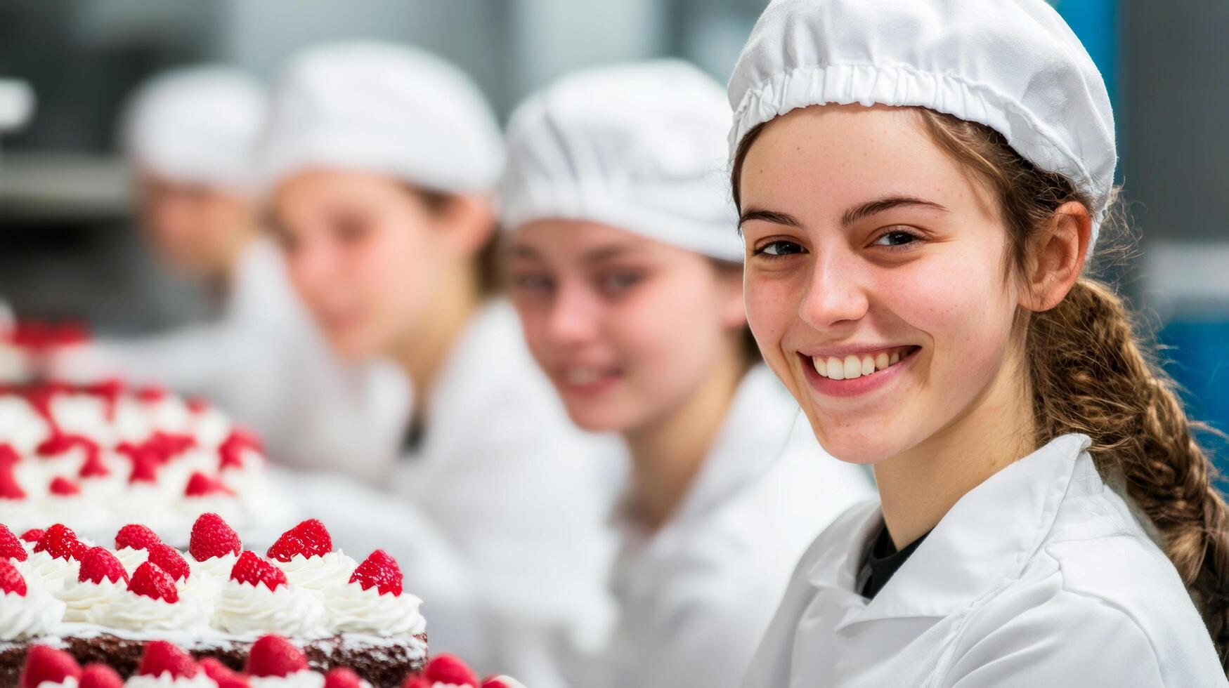 Professional bakers in white uniforms and caps preparing chocolate cakes topped with whipped cream and fresh raspberries in a clean bakery setting photo