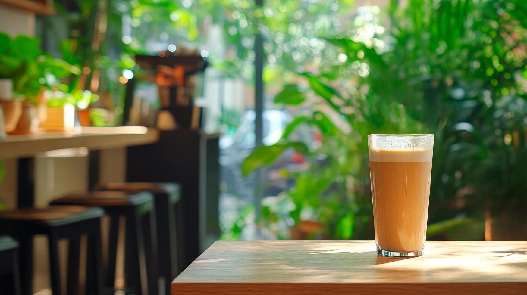 Cozy eco-friendly Japanese cafe serving drink Amazake latte in stylish glass with copy space for text photo