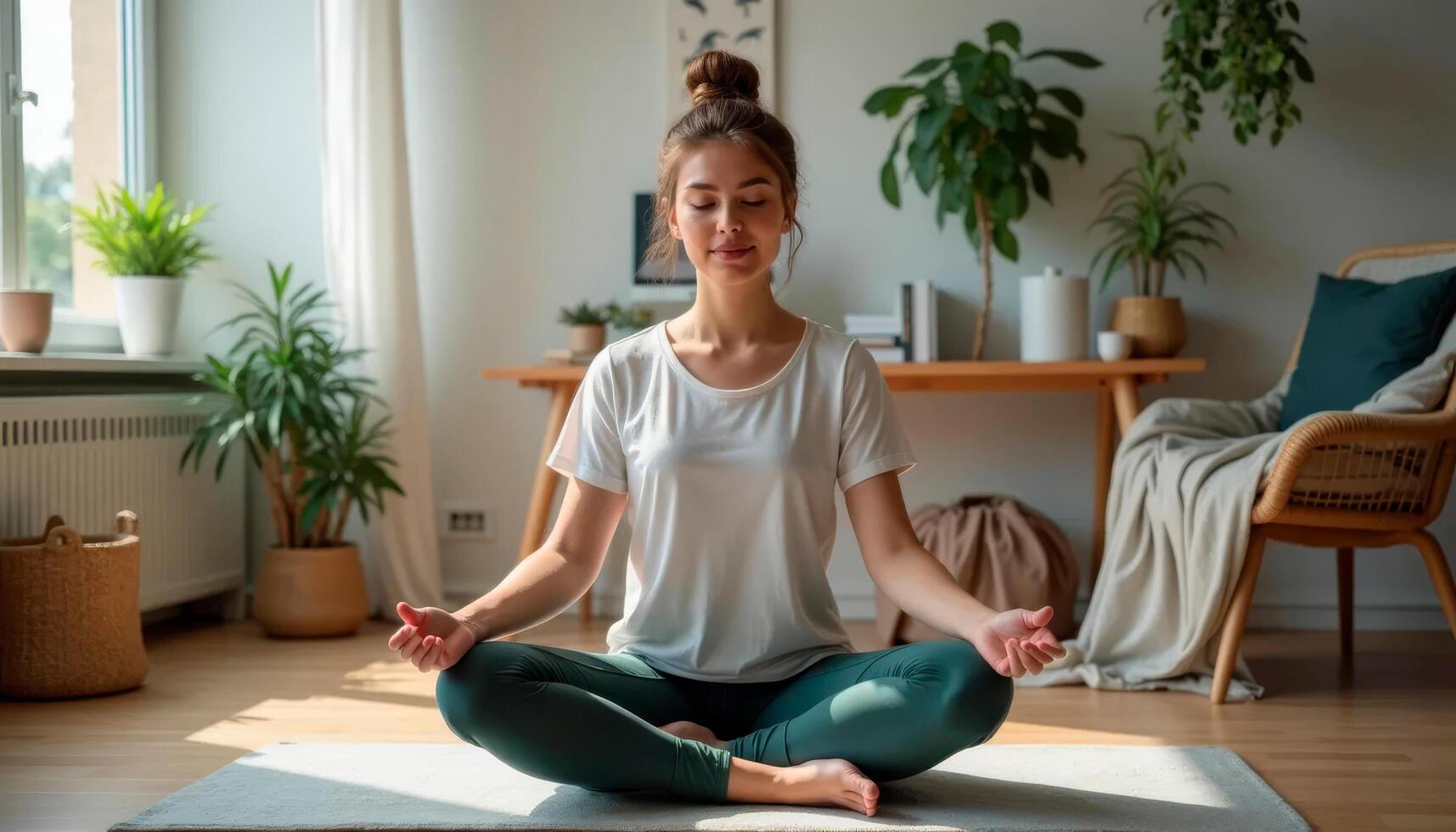 Freelancer taking a mindful break with deep breathing and stretching at home office photo