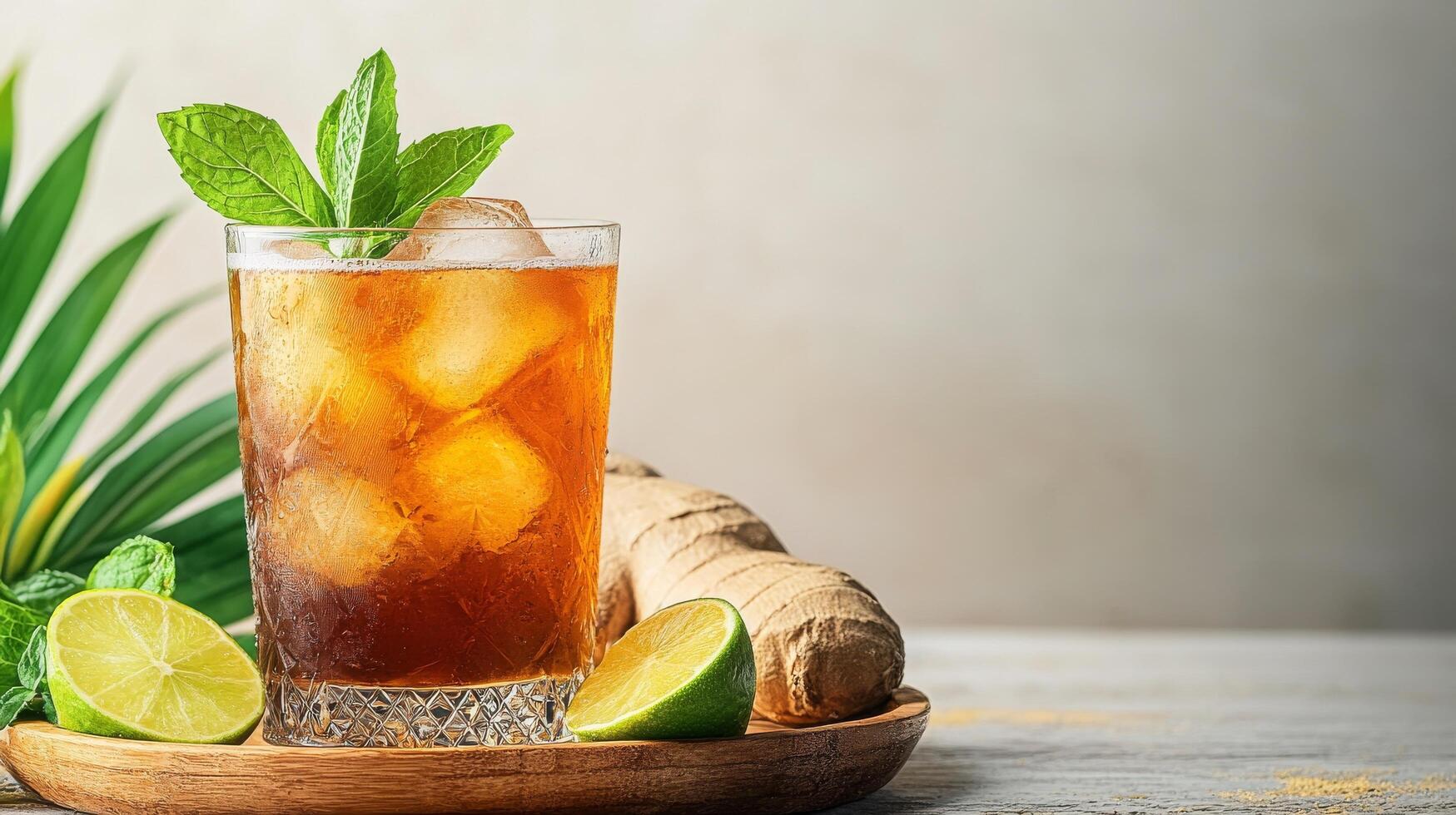 zesty ginger beer in highball glass with ice cubes and fresh lime wedges, garnished with sprig of mint on tropical bamboo tray photo