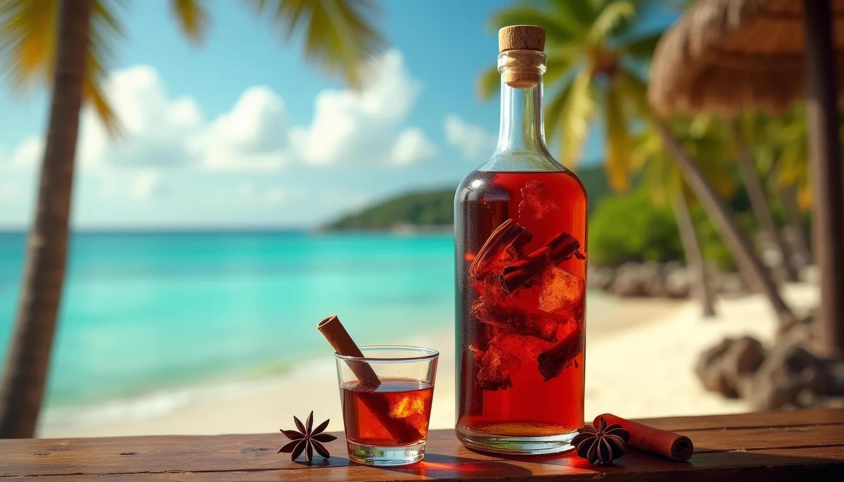 Dominican herbal alcoholic drink Mamajuana in glass bottle filled with dark red liquid, rum, honey, and soaked herbs, spices with Caribbean beach view photo
