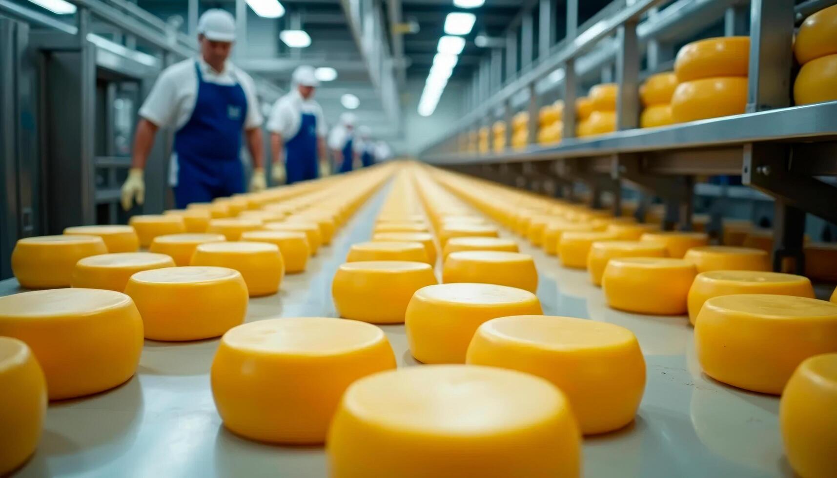 Industrial cheese factory with workers handling rows of cheese wheels on a conveyor belt photo