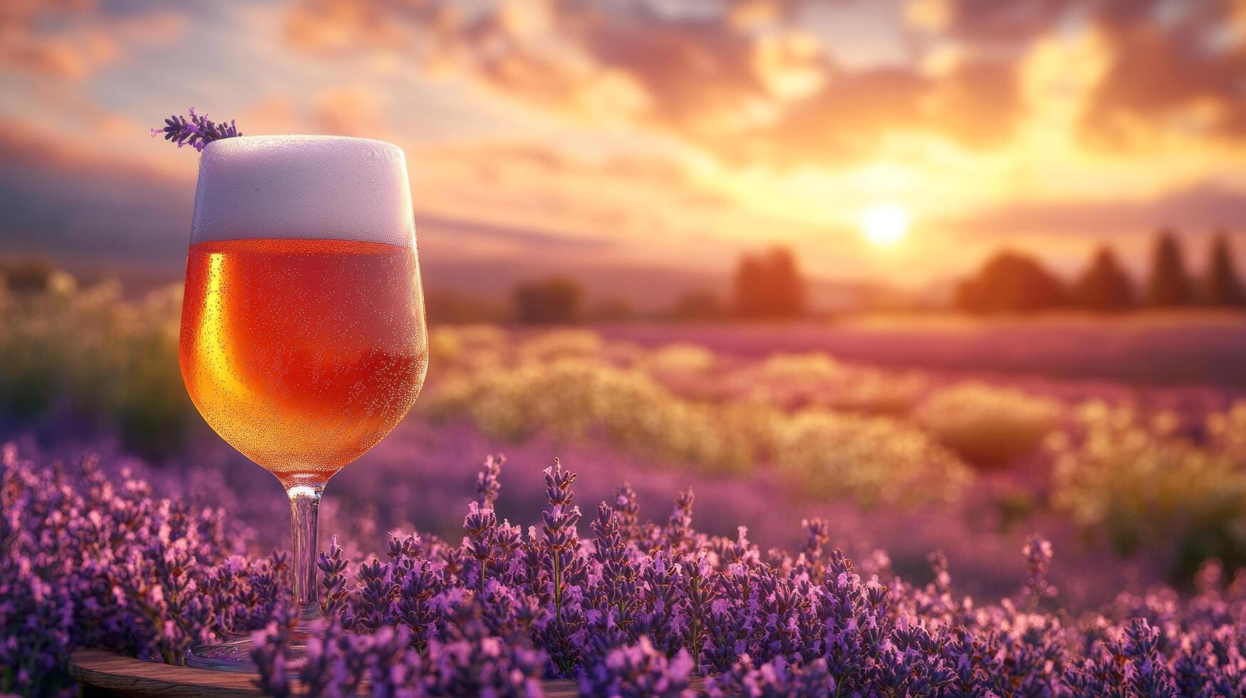 delicate lavender beer in a stemmed glass with a soft purple hue, infused with dried lavender sprigs and served on a vintage tray with a countryside background photo