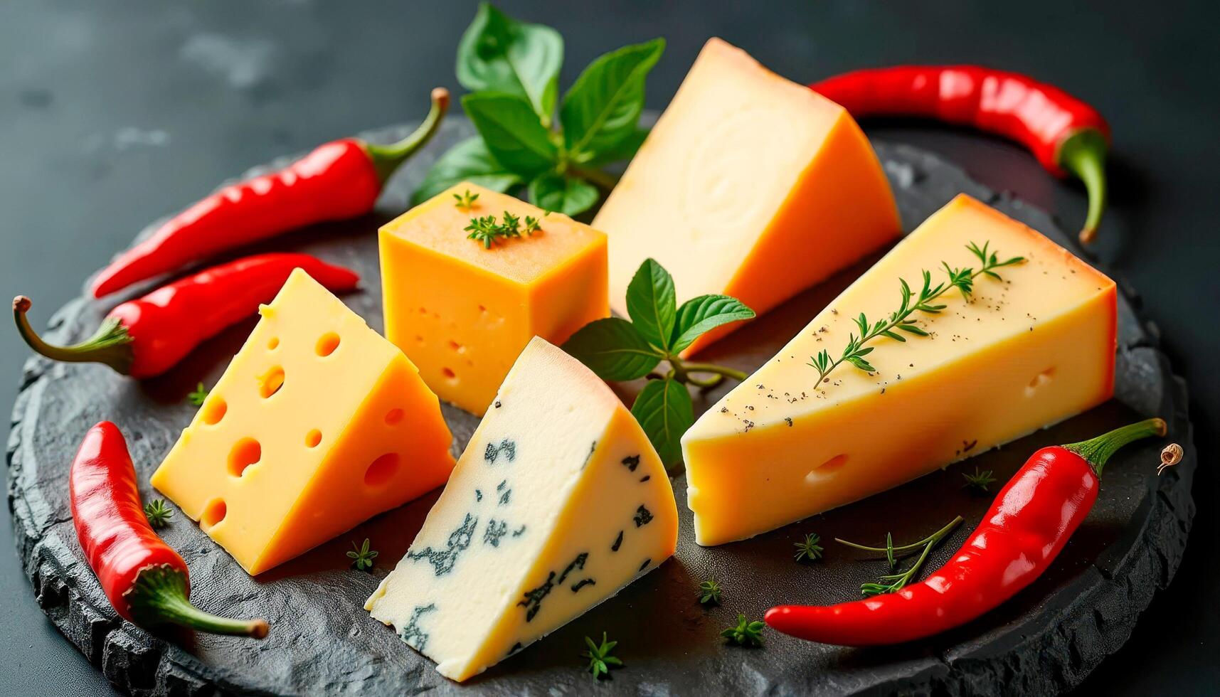 Various cheeses presented on a slate platter alongside fresh herbs and chili peppers photo