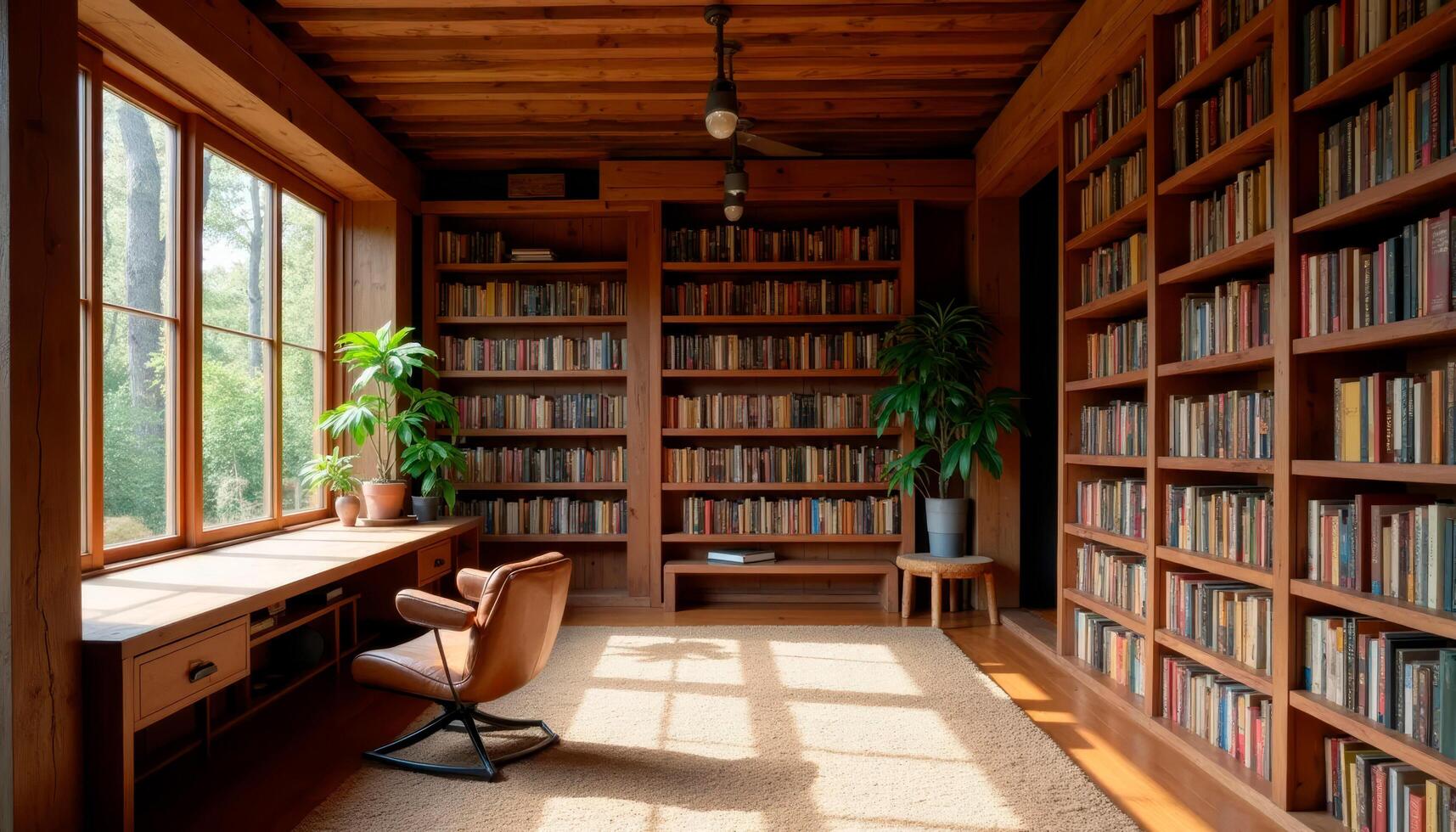 Wabi-sabi inspired library with rustic wooden shelves and natural light emphasizing imperfections photo