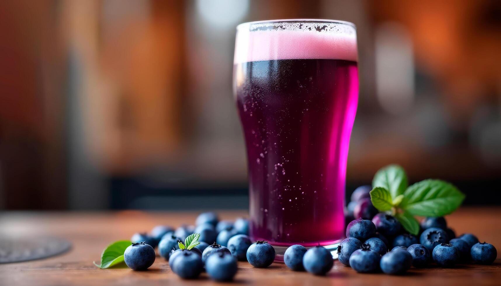 deep purple blueberry beer in pint glass with thick, frothy head, fresh blueberries around and blurred brewery background photo