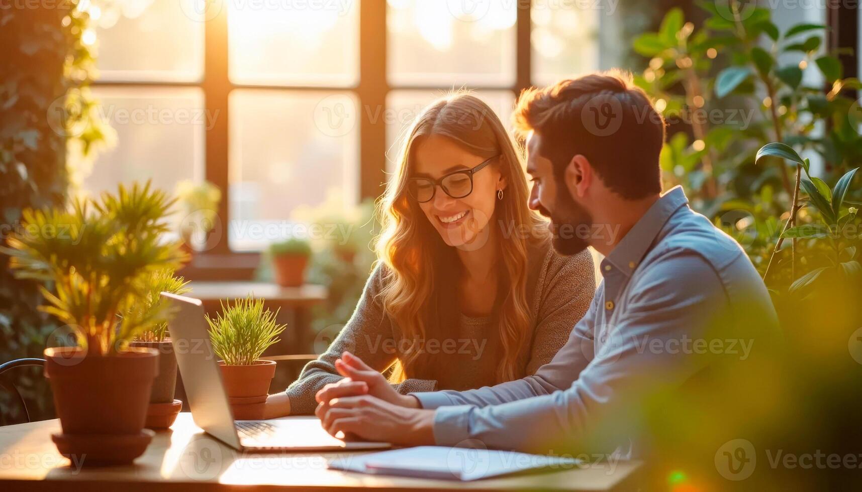 Two individuals collaborating at a table surrounded by lush green plants in a sunlit, cozy space photo