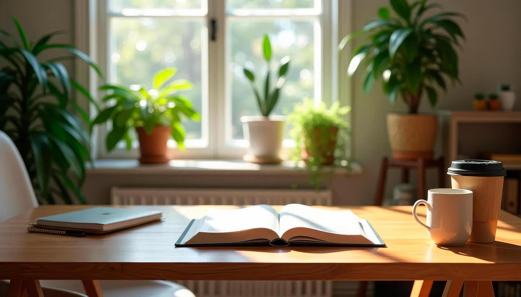 Cozy workspace featuring wooden textures, potted plants, open books, and a serene view through a sunlit window photo