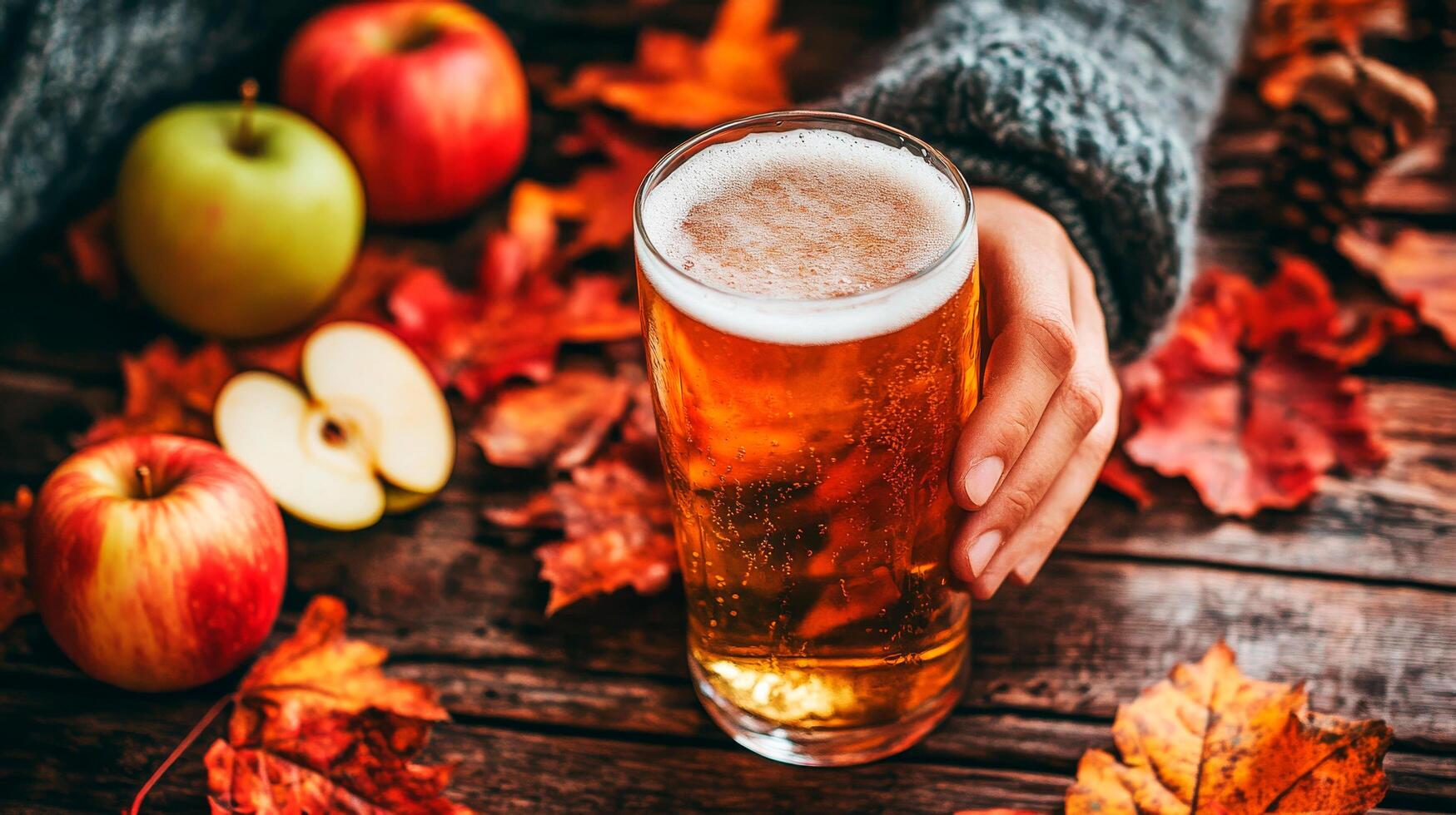 Craft apple-flavored beer in a clear pint glass with fresh apple slices on rustic wooden table in warm autumn setting photo