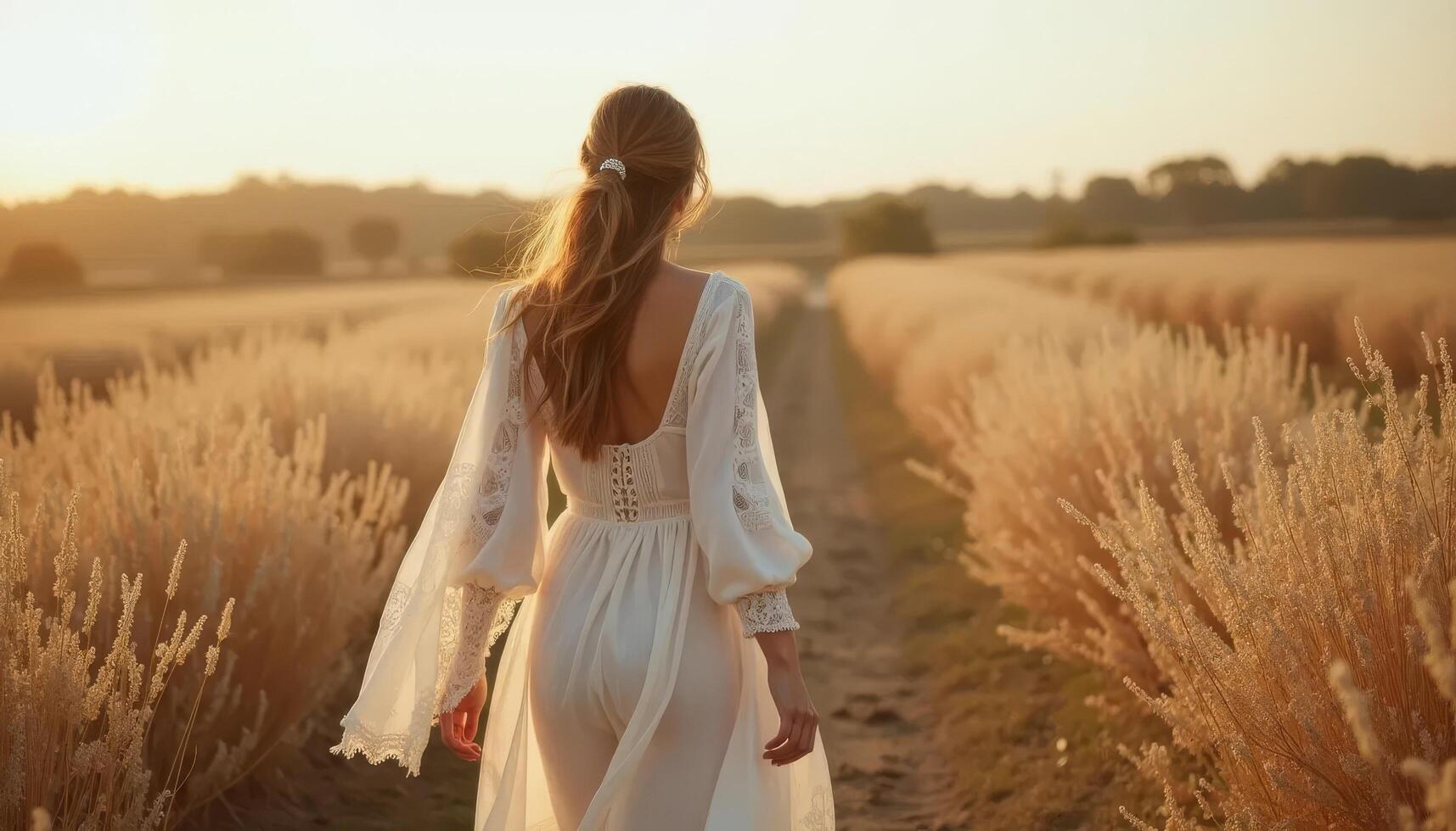 A woman in loose linen clothing walks barefoot through a field of dry grass, embracing slow living and mindfulness. Slow Living with Peaceful and Serene Atmosphere photo