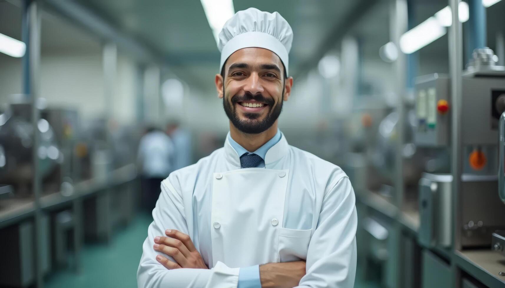 Portrait of a successful food factory manager in sterile uniform with arms crossed smiling at the camera photo