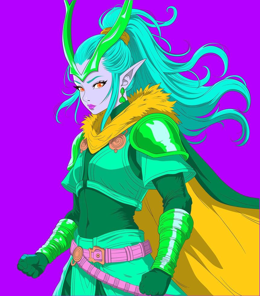 Mystical Elf Warrior Girl in Magical Armor with Flowing Hair vector