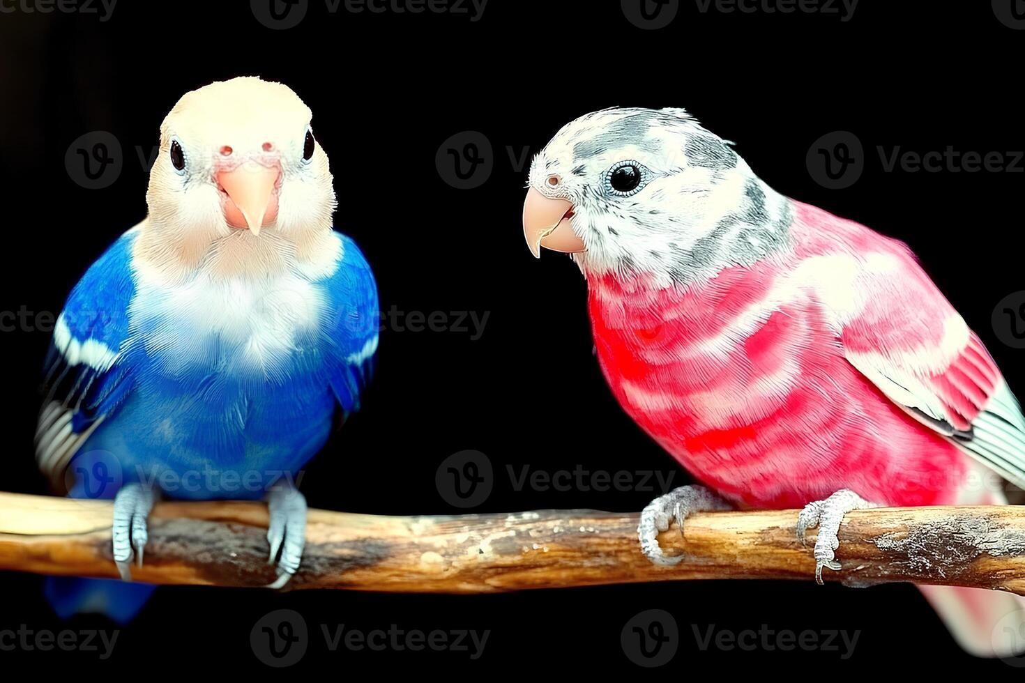 Vibrant and colorful parrots perched on a branch, set against a dark background, emphasizing the vivid feathers and beauty of these exotic birds photo