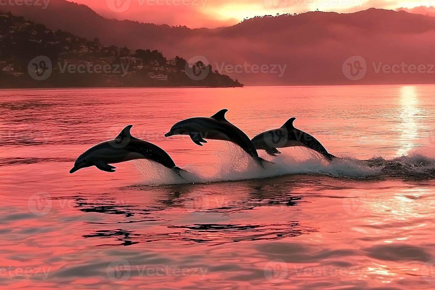 A group of dolphins leaping out of the Pacific Ocean at sunset near the coast of California, USA, creating a beautiful and peaceful marine wildlife scene photo