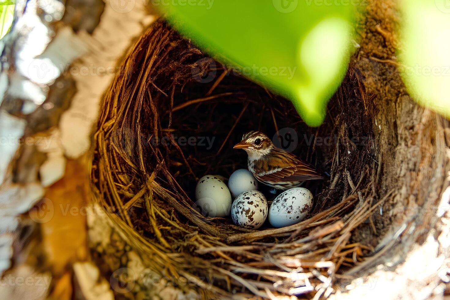 A peaceful scene of a sparrow's nest containing eggs and a nestling, showcasing the beauty of nature and the nurturing aspect of birdlife photo