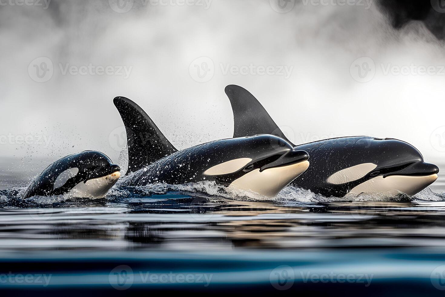A stunning 3D rendered illustration of killer whales gracefully swimming in the deep blue sea, showcasing their majestic movement and aquatic beauty photo