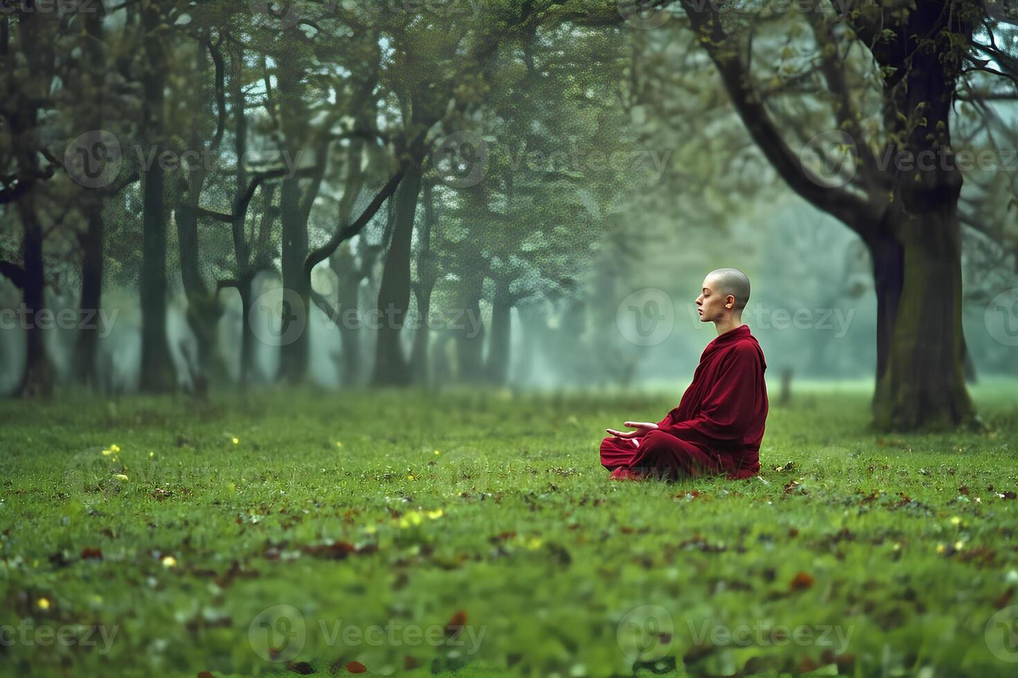 An elderly woman in a red robe sitting peacefully on the grass in a serene forest, surrounded by nature and tranquility photo