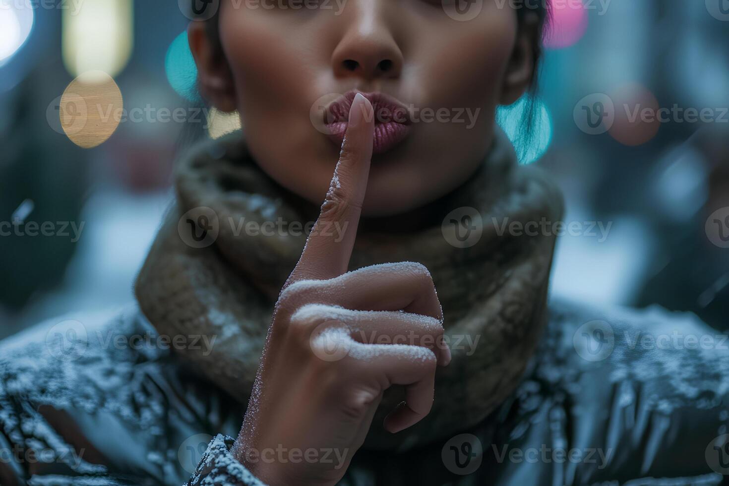 Close-up shot of a young woman wearing a winter coat and scarf, placing her finger on her lips in a gesture of silence, evoking calmness and serenity photo