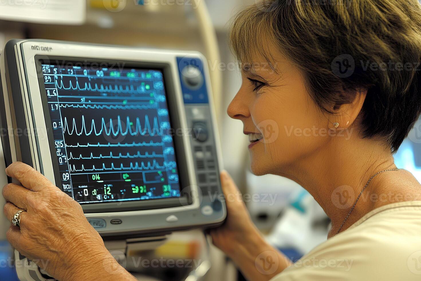 Close up shot of a senior woman interacting with an electrocardiogram ECG machine, highlighting her focus on monitoring heart health photo