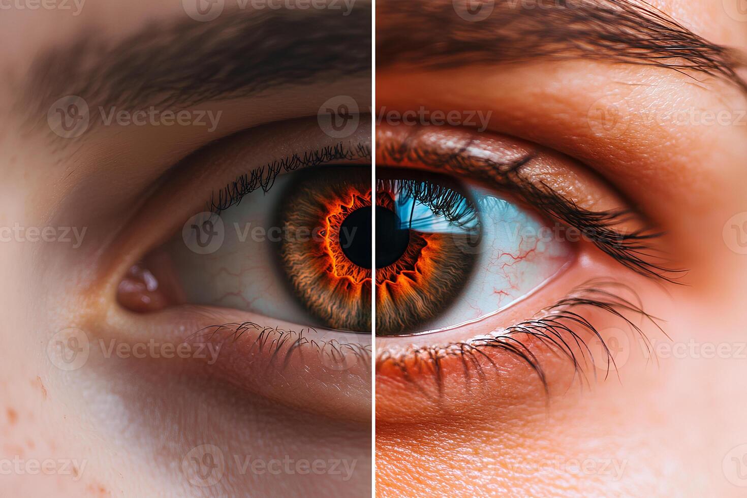 A close-up image showing a woman's eye before and after treatment, highlighting the difference in appearance and the effects of skincare or cosmetic procedures photo