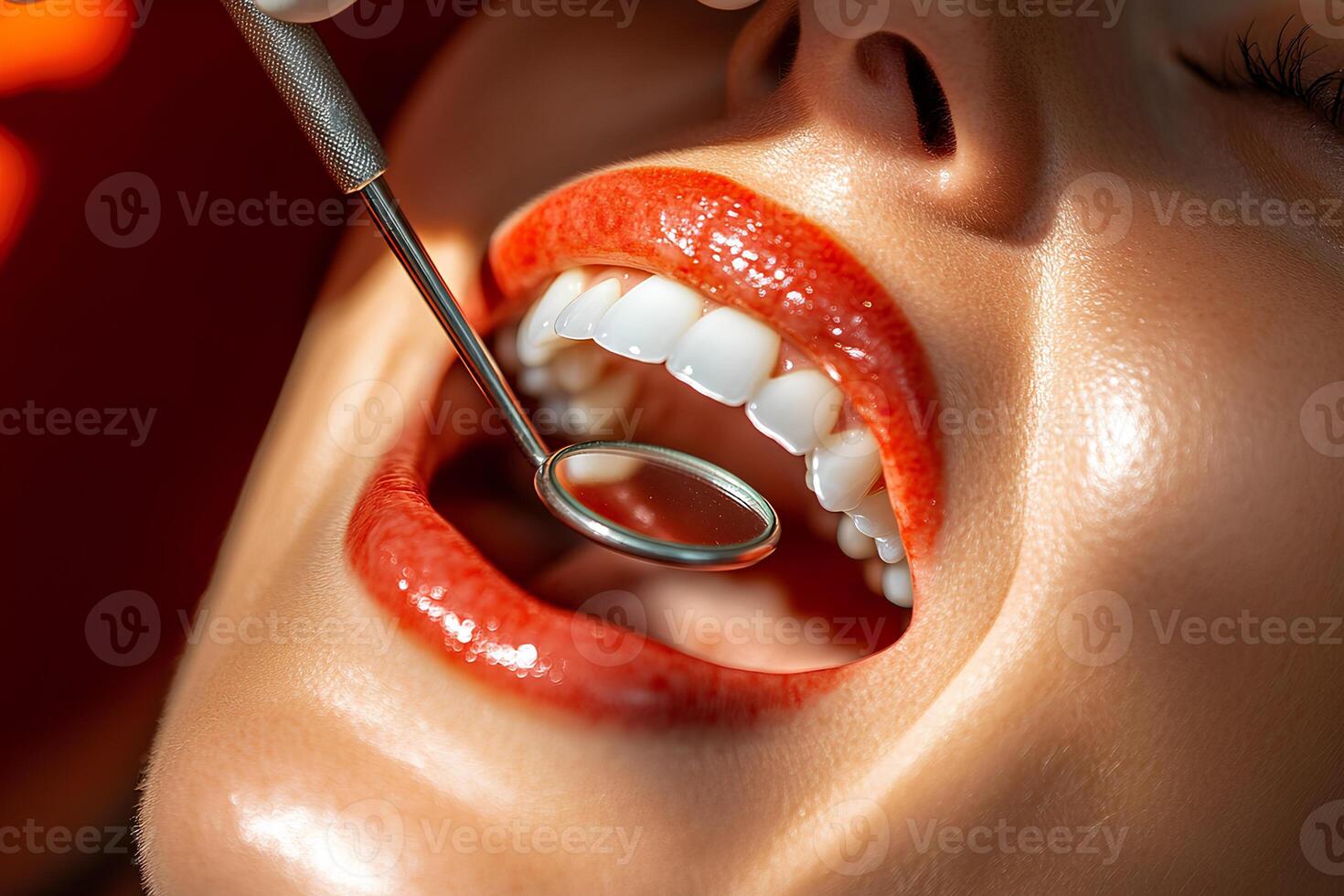 Close-up view of a female mouth with a dental mirror being used, showcasing the precision and care of dental work for oral health photo