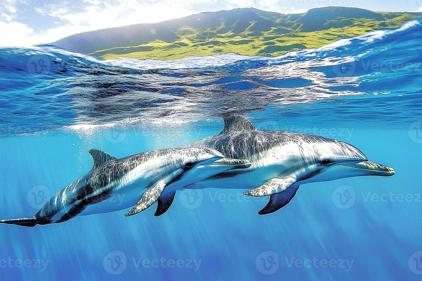 A stunning 3D render of dolphins swimming gracefully in the vast ocean, highlighting the beauty and freedom of marine life in the deep blue waters photo