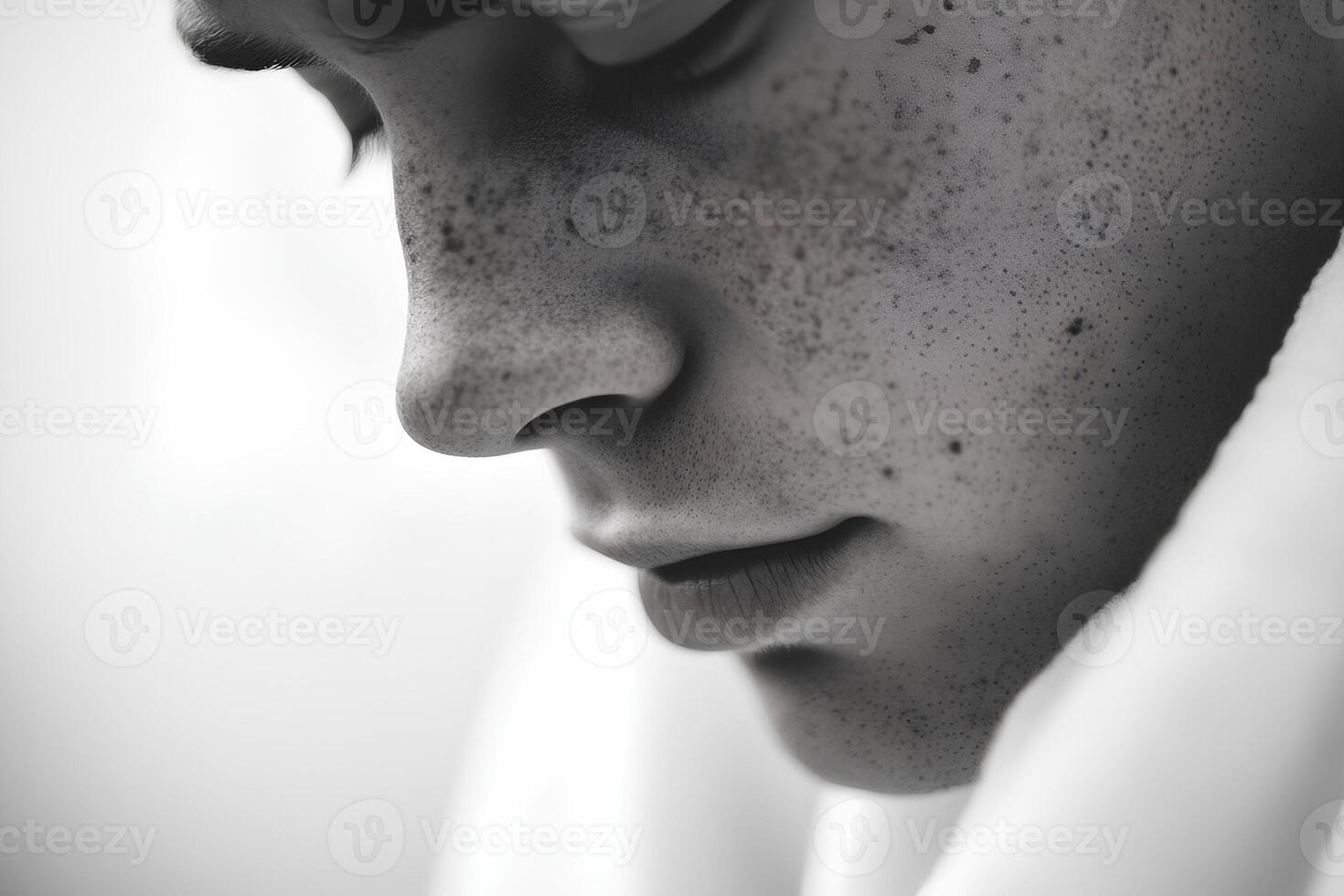 A close-up portrait of a young man with natural freckles on his face, showcasing his unique features and youthful charm photo