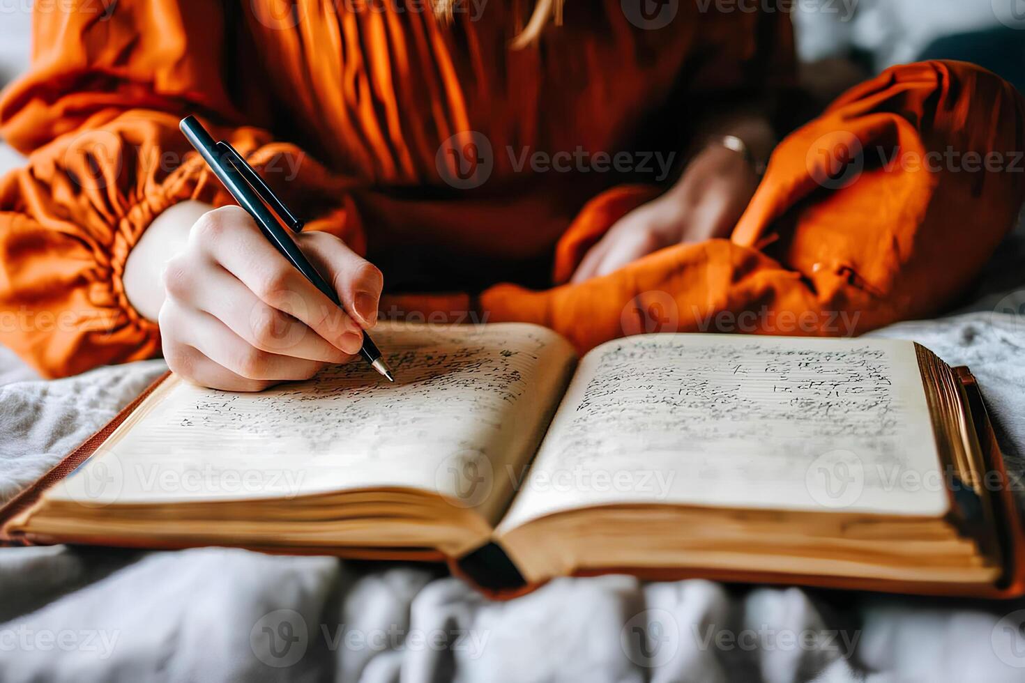 A young woman in a vibrant orange dress sitting comfortably in bed, writing in a notebook, creating a cozy and creative atmosphere photo