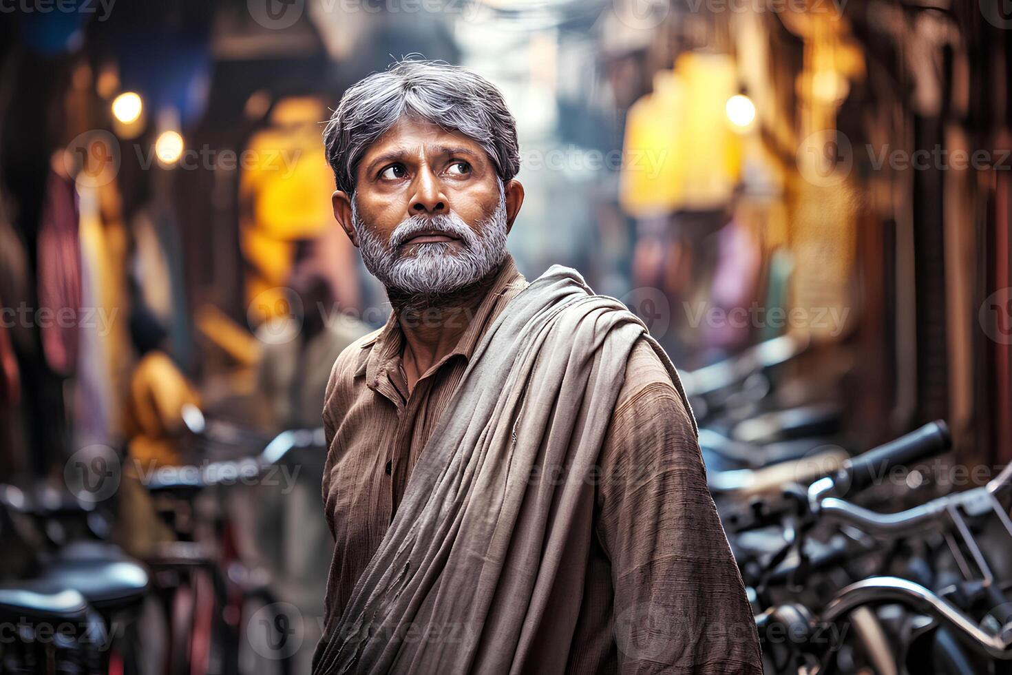 A portrait of a handsome Indian man standing in the vibrant city of Mumbai, capturing the essence of urban life and modern style in India photo