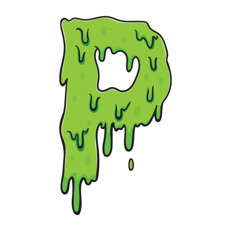 Slime green letter P in a gooey, dripping cartoon style. Fun, spooky, and grossly creative design perfect for Halloween, games, posters, spooky kids projects, and slime themed content. vector