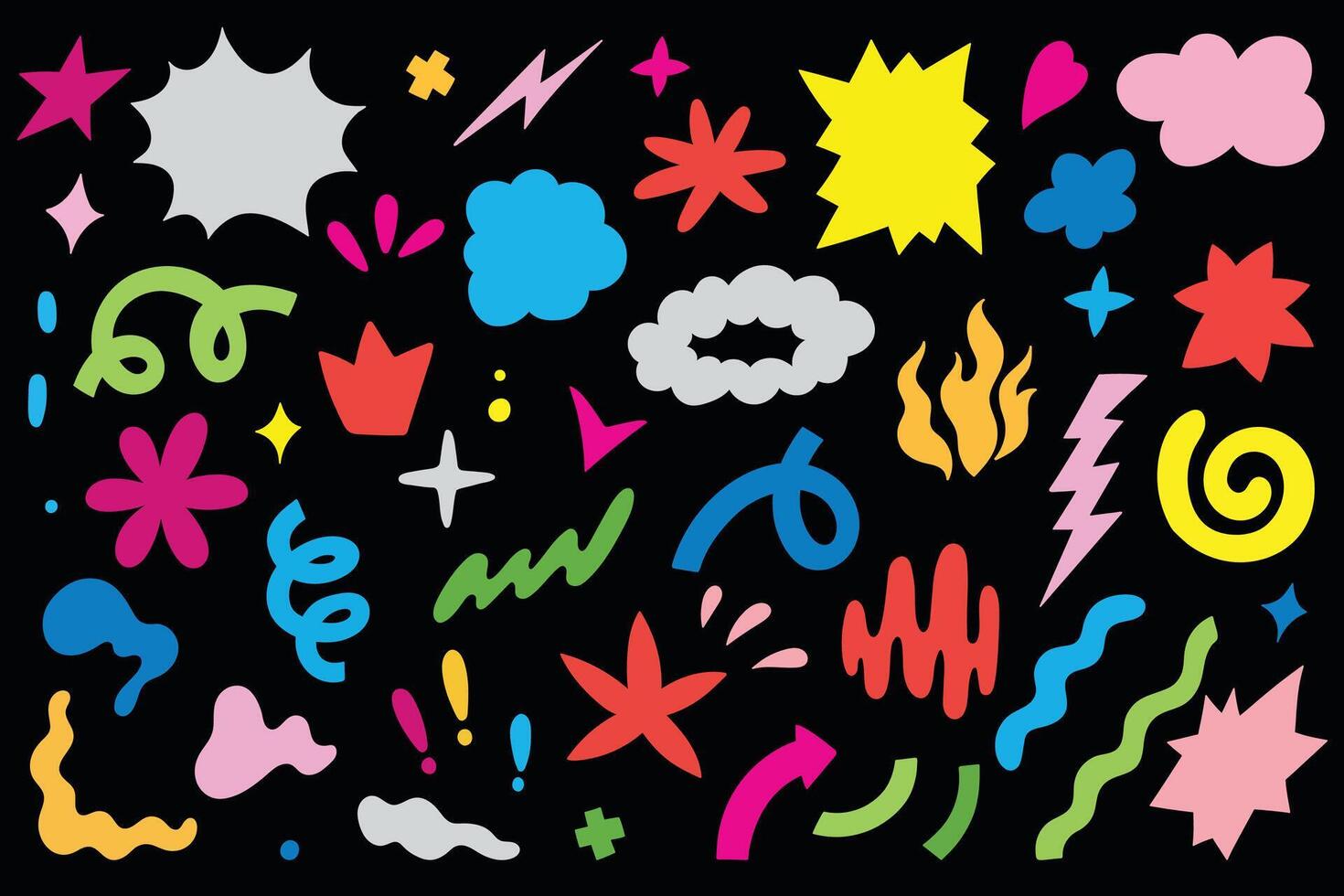 Colorful Comic Style Doodle Elements on Black Background vector