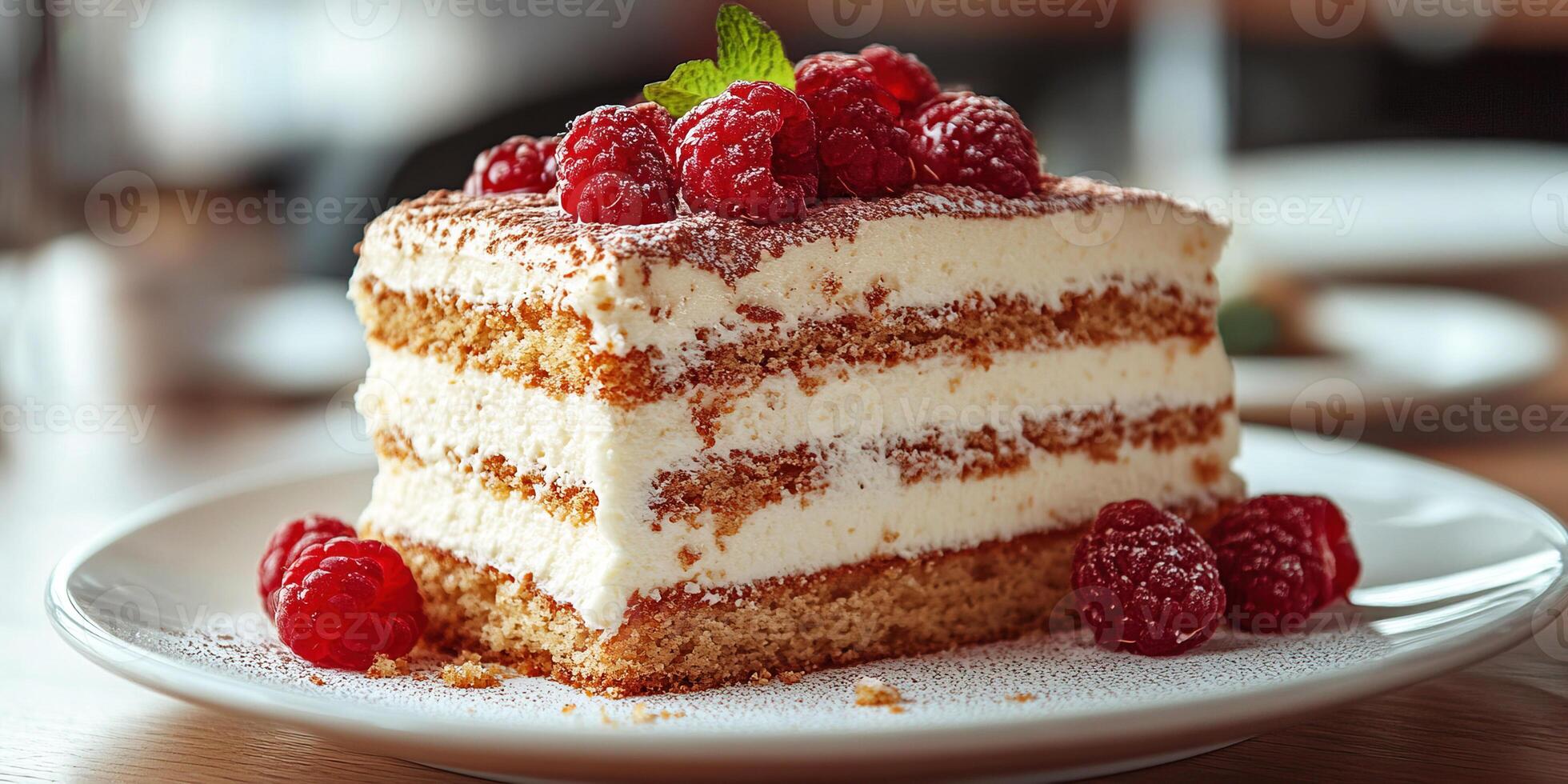 Savoring a delightful dessert cake with fresh raspberries on a white plate. Header banner mockup with copy space. photo