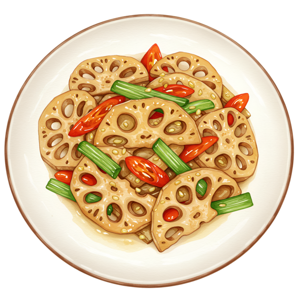 A watercolor plate of lotus root stir fry with peppers and green onions served on a white ceramic plate dish on transparent background png