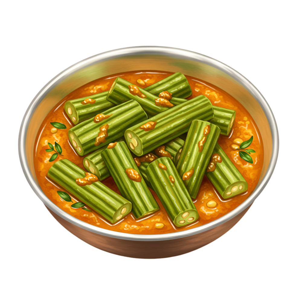 A watercolor bowl of drumstick sambar with a copper rim and a vibrant orange broth on a plain backdrop on transparent background png