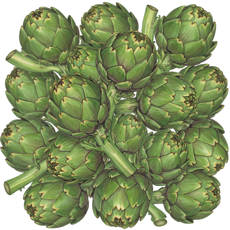 A watercolor cluster of multiple green artichokes stacked together in a pile forming a square shape view from above on transparent background png