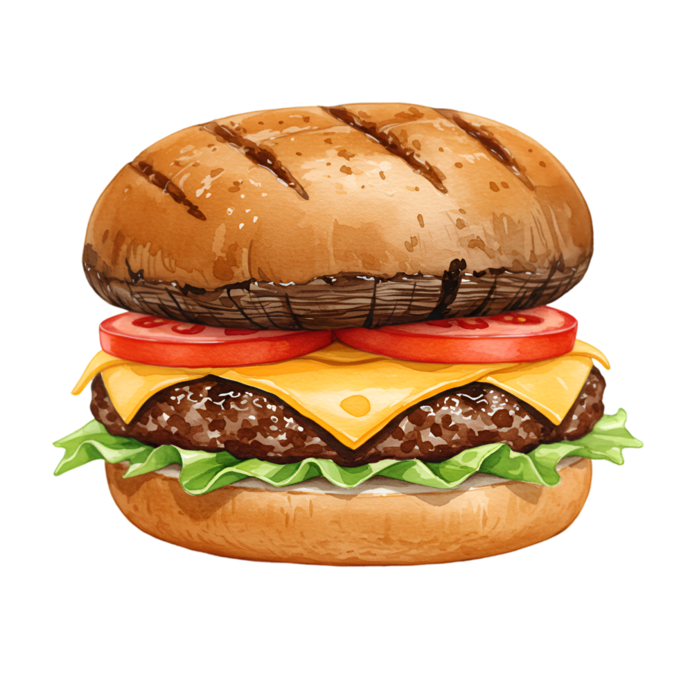 A watercolor stylized burger with lettuce, cheese, tomato, and a grilled bun on a plain solid color space on transparent background png