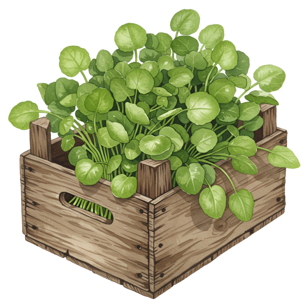 watercolor Lush green plants with round leaves overflowing a rustic wooden crate with handle openings shown on transparent background png