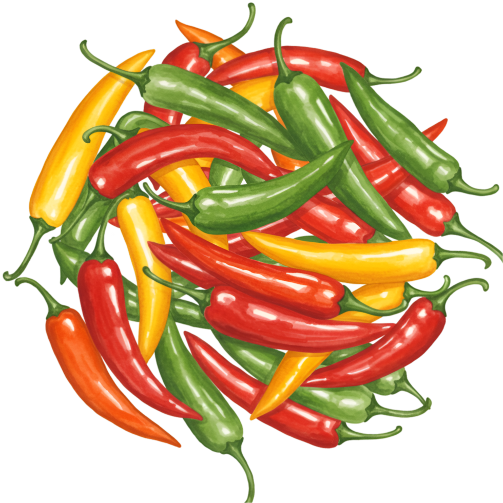 A watercolor vibrant assortment of colorful chili peppers arranged in a circular pattern on a plain setting on transparent background png