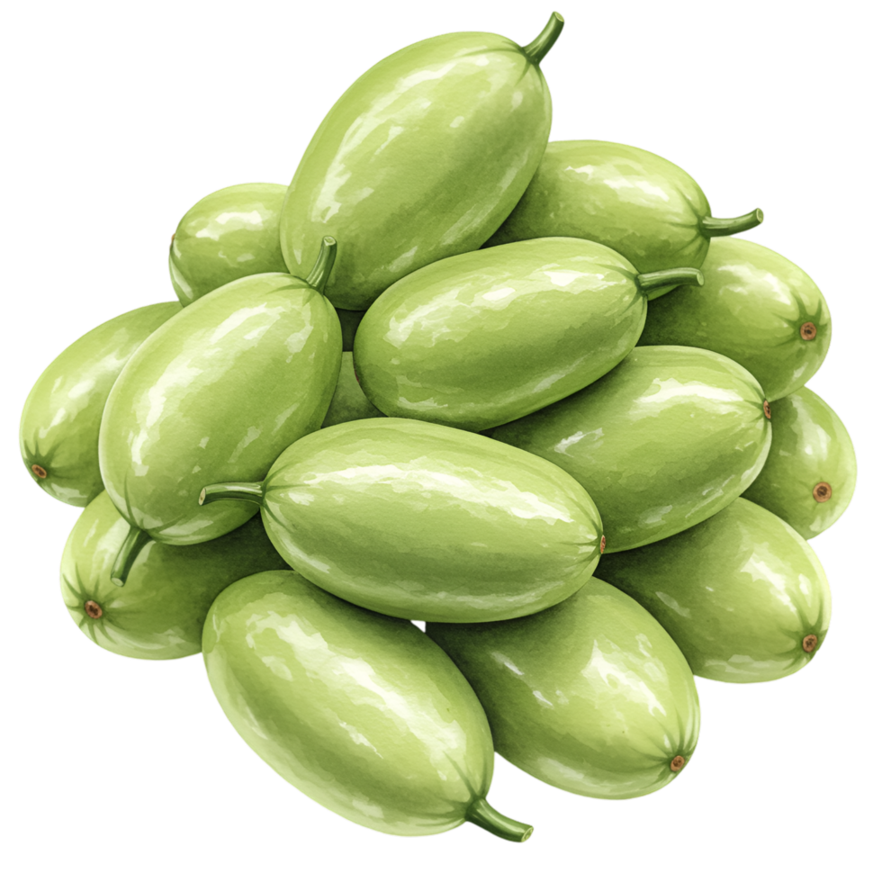 A watercolor pile of light green winter melons stacked together on a plain surface in a close up studio shot on transparent background png