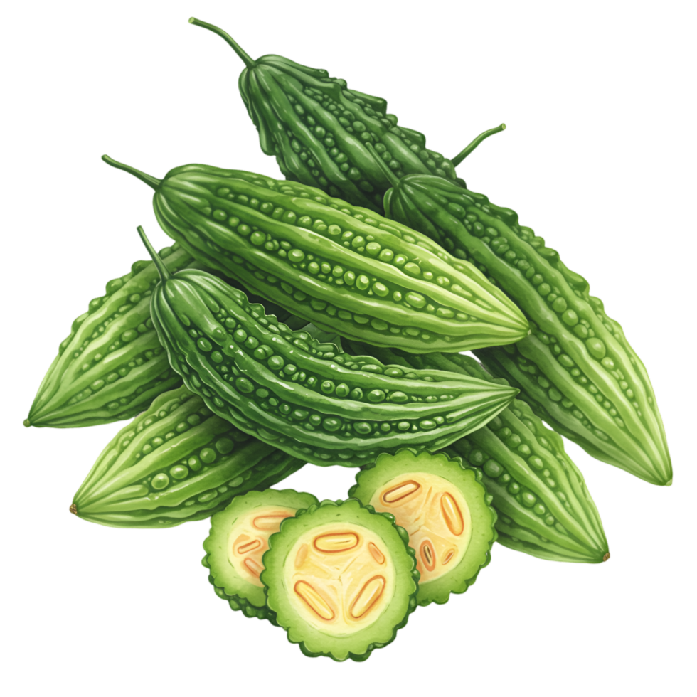 A watercolor pile of whole and sliced bitter melons with a bumpy skin texture on a transparent background image png